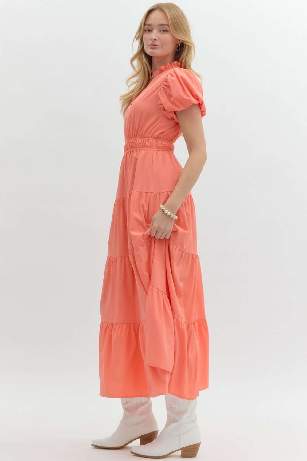 Coral Puff Sleeve Smocked Waist Tiered Maxi Dress