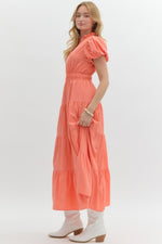 Coral Puff Sleeve Smocked Waist Tiered Maxi Dress