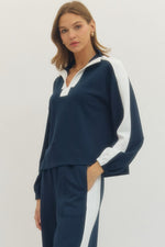 Super Soft Navy Collar Top and Wide Leg Pants SET with Contrast Stripe Detail
