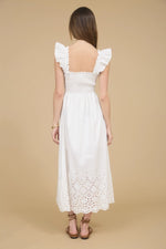 Emilie Smocked Ruffle Sleeve Eyelet Hem Midi Dress ** White or Ecru