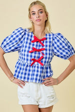 Gingham Peplum Top with Red Bow Constrast