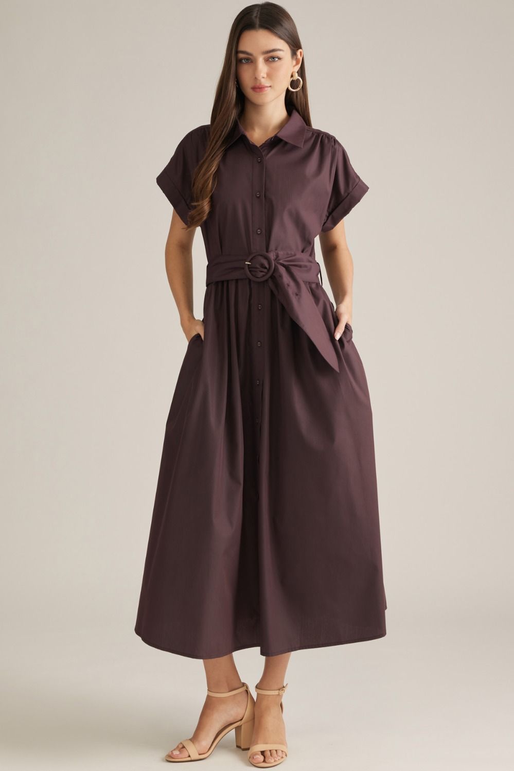 Lexie Button Down Midi Shirt Dress with Belted Waist- Chocolate