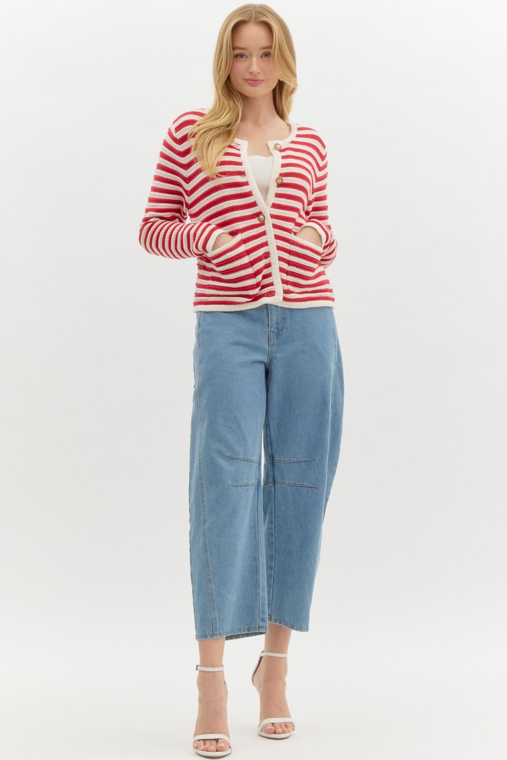 Red Striped Textured Cardigan with Gold Buttons and Front Pocket