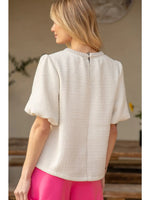 Pearl Trim Detailed Neck Bubble Sleeve Tweed Top