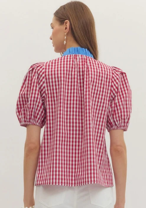 Marian Red Gingham Top With Blue Contrast Collar