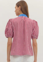 Marian Red Gingham Top With Blue Contrast Collar