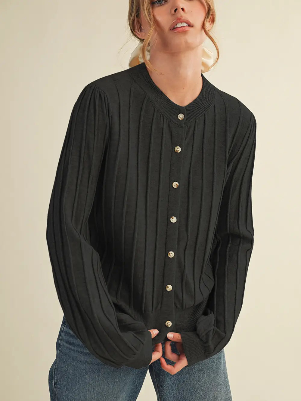 Soft Ribbed Sweater Cardigan- Black