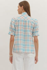 Perfectly Plaid Print Tie Neck Top - Red/Blue