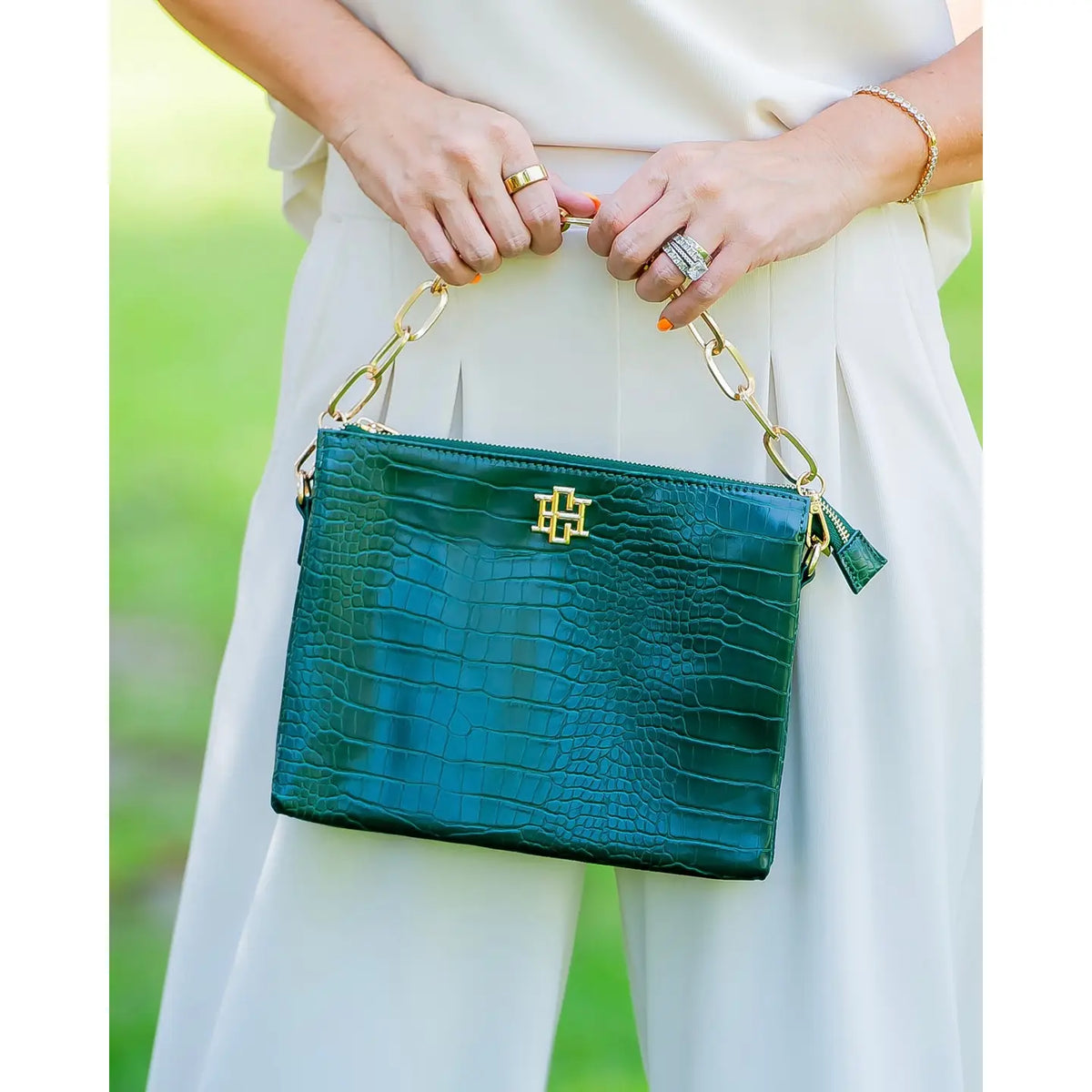 Arianna Hunter Green Croc Crossbody by Caroline Hill