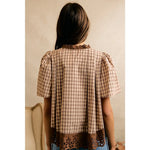 Gingham Check Lace Trim Flutter Sleeves Blouse Top- Brown