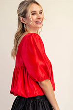 RED SQUARE NECK BUBBLE CROP TOP