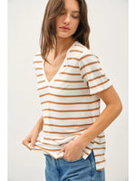 TOFFEE COTTON LINEN BLEND RELAXED FIT VNECK TEE