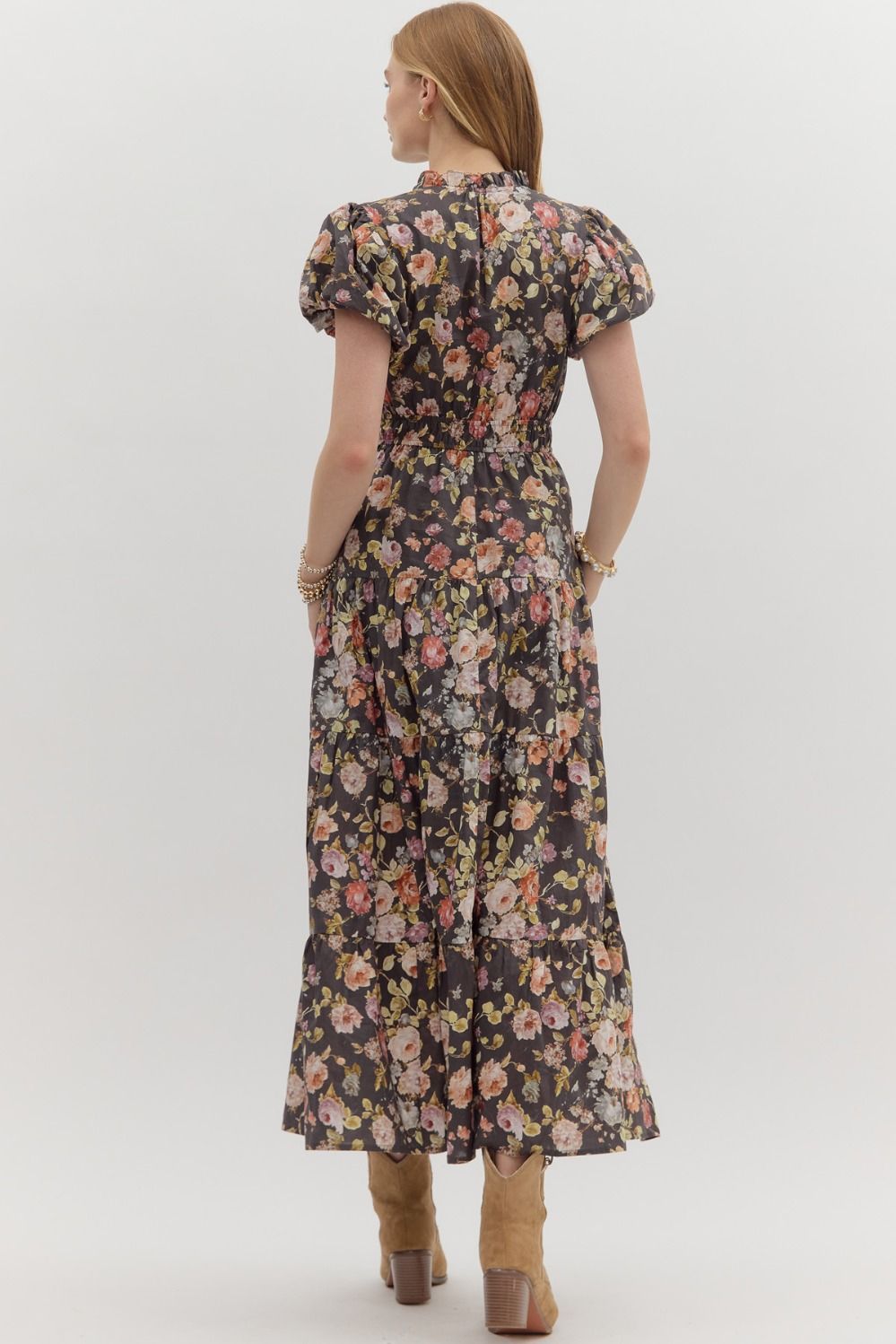 Chocolate Floral Puff Sleeve Tiered Maxi Dress with Side Pockets