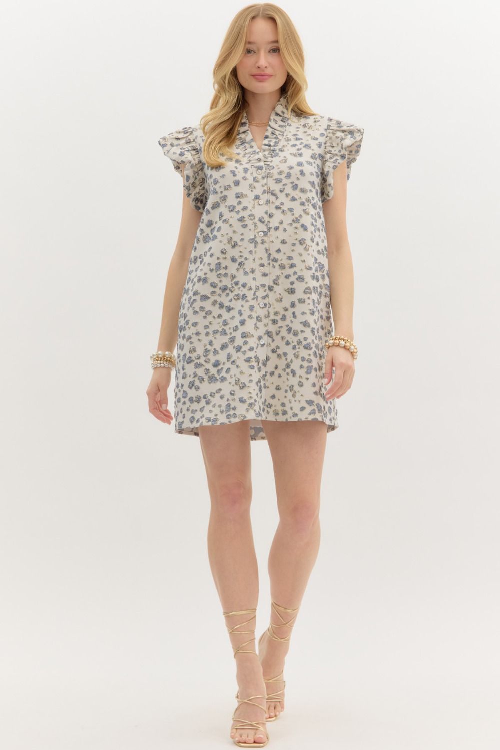 Metallic Textured Pattern Button Front Mini Dress featuring Ruffle Neck and Shoulder with Side Pockets ** available in Lemon Gold Or Navy Gold