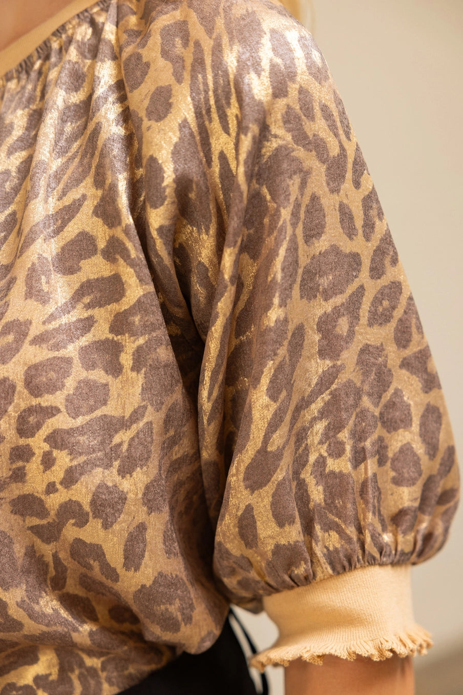 Raglan Puff Sleeve Metallic Animal Print Top by Voy