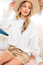 Crew neck ruffled eyelet sleeve detail top