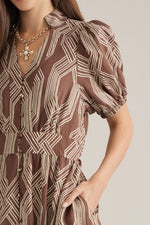 Reese Printed Puff Sleeve Midi Dress - Coffee