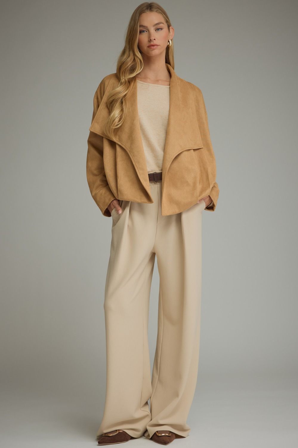 Evelyn Soft Suede Draped Lapel Jacket- Camel