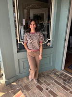 Light Taupe Leopard Sweater Top with Red/Ecru Contrast Trim