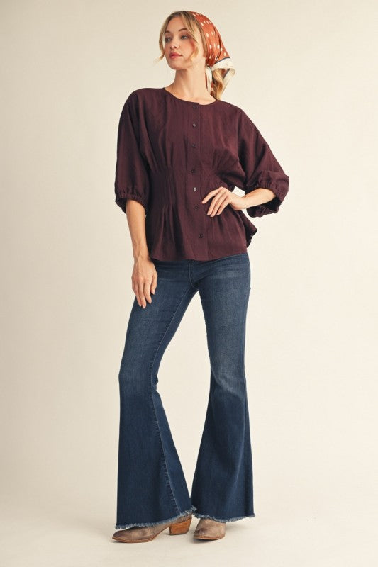 Zara Button Front Pleated Waist Top- Maroon