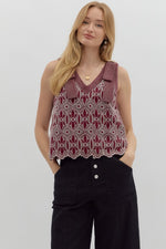 Maroon Floral Motif Embroidered V-neck Top featuring Exposed Stitch Detail Bow Shoulder Strap.