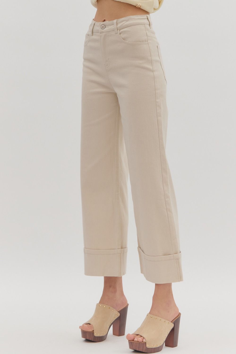 Kara Ankle Length Cuffed Pants with Classic Jean Pockets - Sand
