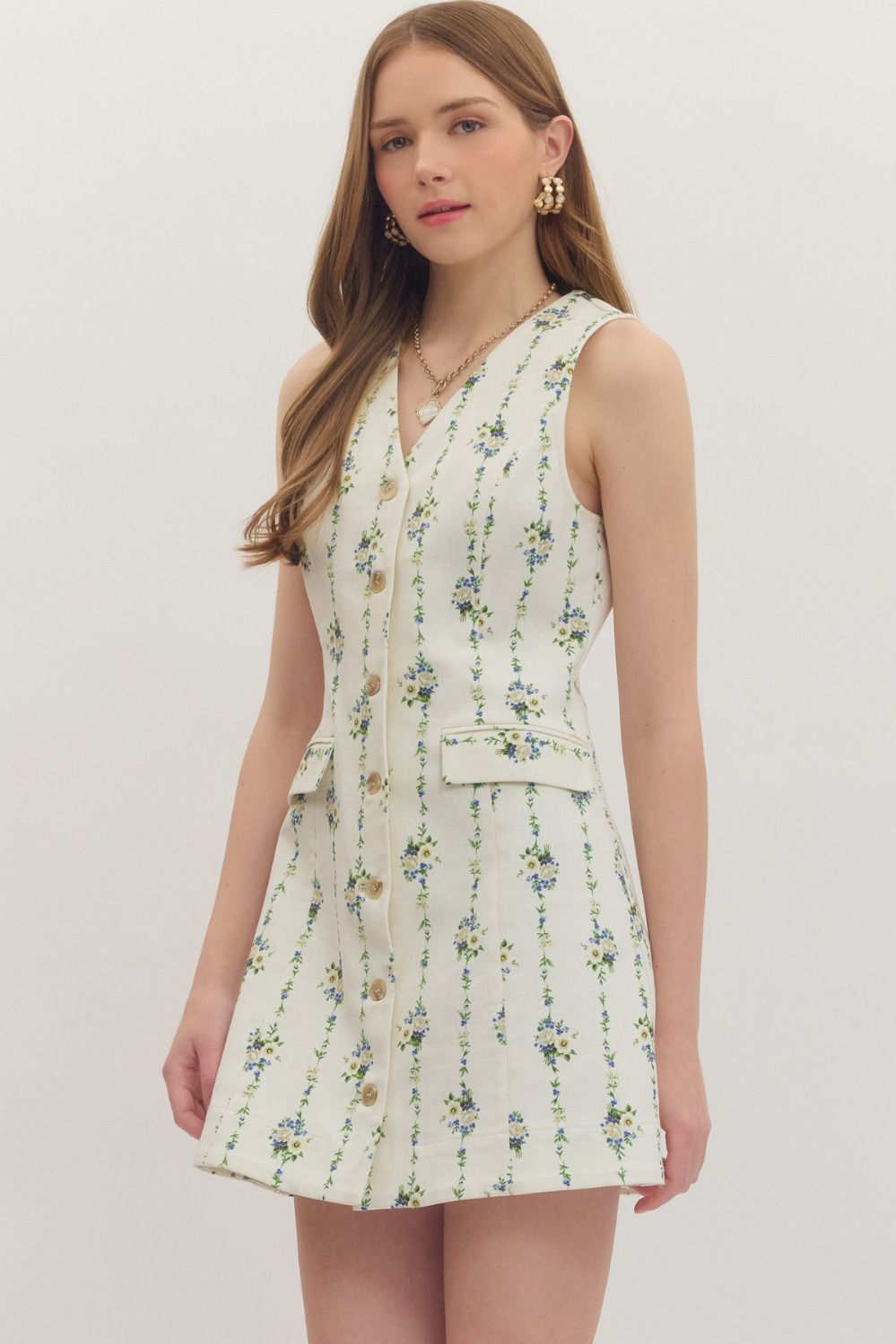 Alma Floral Print Button Down Mini with Flap Pocket Detail- Cream