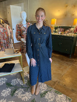 Dark Denim Textured Button Down Midi with Gold Button Detail and Tie at Waist