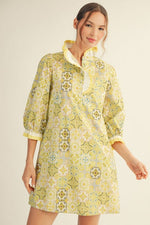 Citron Mix Print Ruffle Neck Mini Dress