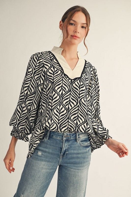 Standing Collar Black Boho Leaf Print Top