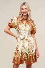 Floral Garden Puff Sleeve Mini Dress with Tie Waist