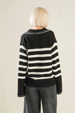 Black Striped V Neck Sweater with White Stitching Detail at Collar