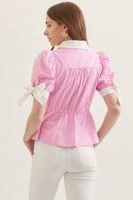 Lottie Striped Button Down Peplum Top with Self Tie Bow Cuff Detail- Pink