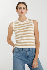 Taupe Striped Sleeveless Crew Neck Sweater Top