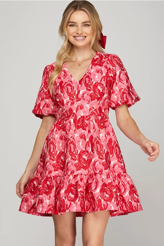 SHORT PUFF SLEEVE JACQUARD WOVEN BACK ELASTIC WAIST V NECK DRESS in Red and Pink Floral