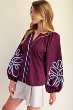 Soutache Detail Blouse- Dark Plum with Blue Piping