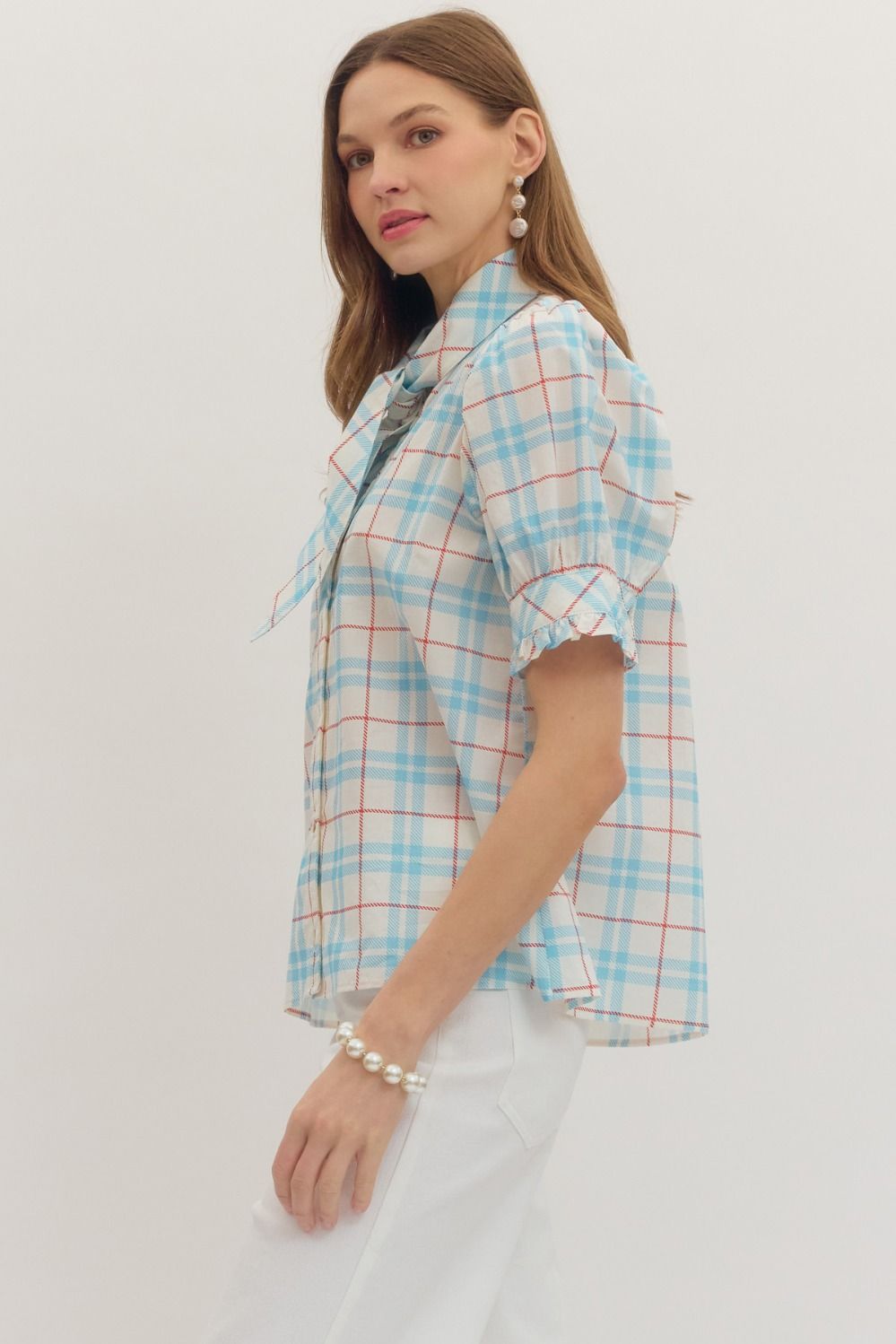 Perfectly Plaid Print Tie Neck Top - Red/Blue