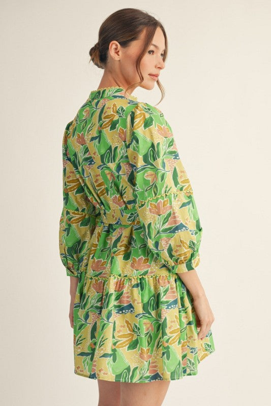 Scallop Trim Avocado Mix Floral Mini Dress
