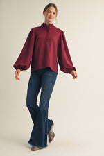 Burgundy Mock Neck Button Top