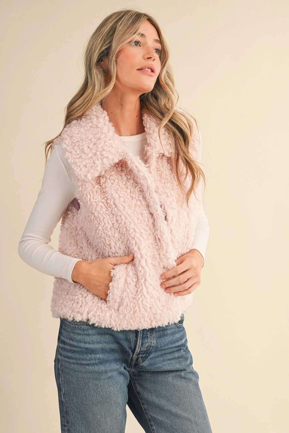 Soft Pink Sherpa Collared Vest