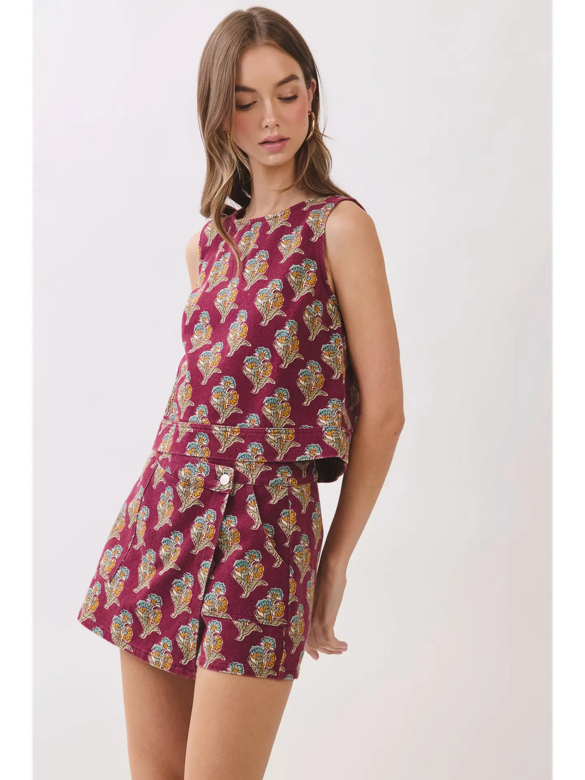 Floral Print Sleeveless Crop Top and Wrap Front Design Skort SET- Burgundy Wine