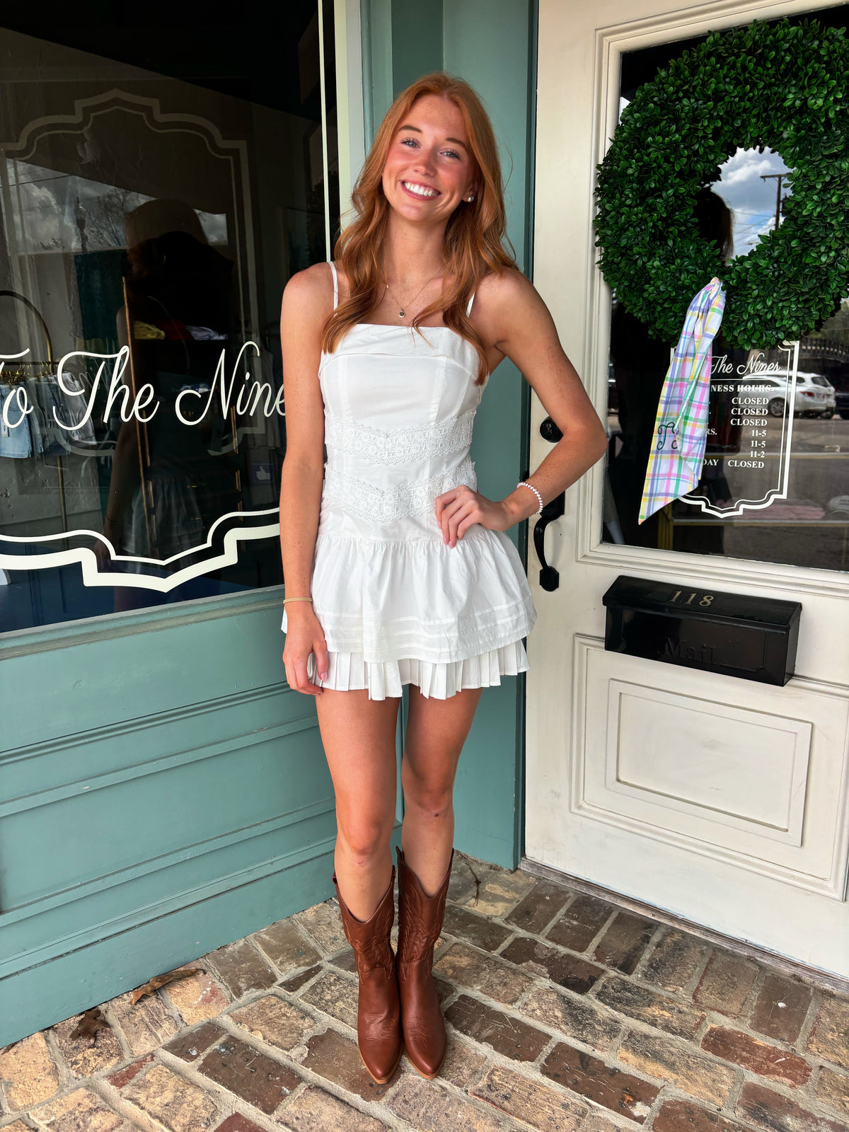 Leighton White Mini with Pleated Hem and Lace Detail
