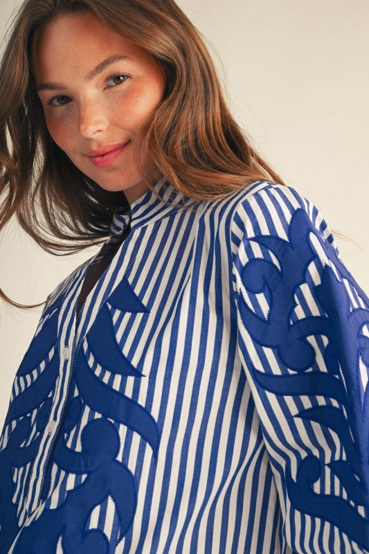 Baroque Striped Detail Top- Royal