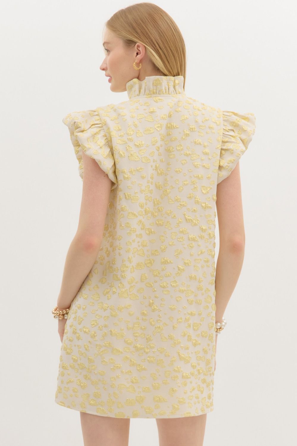 Metallic Textured Pattern Button Front Mini Dress featuring Ruffle Neck and Shoulder with Side Pockets ** available in Lemon Gold Or Navy Gold