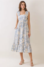 Jules Ruffled Strap Midi with Square Neckline and Back Smocking Detail