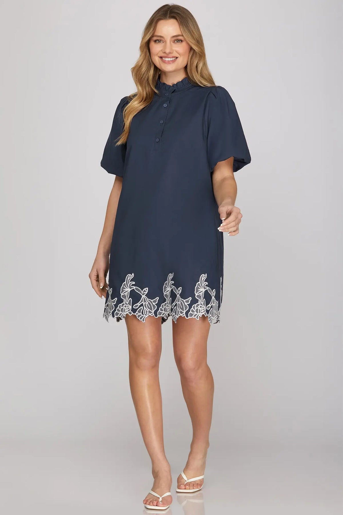 Tucker Navy Shift Dress with Embroidered Hemline