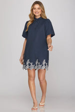 Tucker Navy Shift Dress with Embroidered Hemline