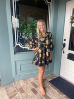 NAVY MINI DRESS WITH 3/4 SLEEVE AND FLORAL PATTERN