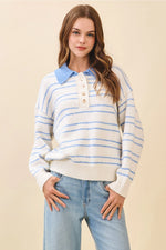 Veda Striped Knit Drop Shoulder Ribbed Trim Pullover