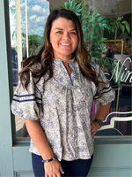 3/4 Sleeve Floral Top with Navy Accent